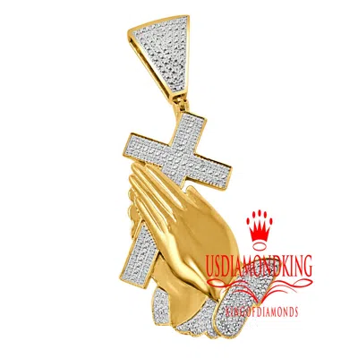 Pre-owned Us Diamond King Mens Real Diamond Cross Praying Hand 10k Yellow Gold Finish Charm Pendant 2.5'' In Yellow/clear