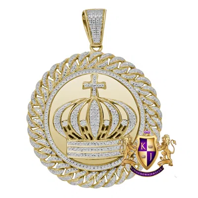 Pre-owned Us Diamond King Mens Real Diamond King Crown Cross Miami Cuban Charm Pendent 10k Gold Tone 2.5' In Yellow