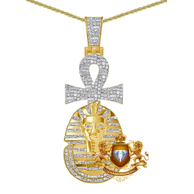 Pre-owned Us Diamond King Real Diamond 0.60 Ct. Egyptian King Tut Pharaoh Ankh Cross Charm Pendant +chain In Yellow Gold Finish