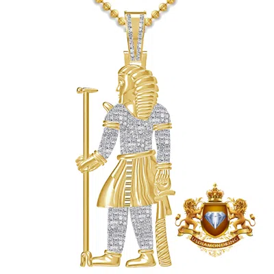Pre-owned Us Diamond King Real Diamond 0.60 Cwt. Egyptian King Tut Pharaoh Full Body Pendent Charm + Chain In Yellow Gold Finish