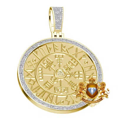 Pre-owned Us Diamond King Real Diamond 0.60 Cwt. Viking Compass Vegvisir Norse Valknut Pendent Charm 2.25' In Yellow Gold Finish