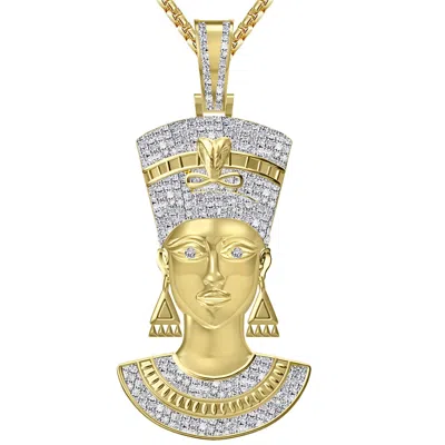 Pre-owned Us Diamond King Real Diamond 0.61 Cwt. 26+ Grams Egyptian Queen Nefertiti Pharaoh Charm Pendent In Yellow Gold Finish