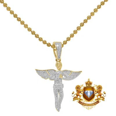 Pre-owned Us Diamond King Real Diamond 0.87 Cwt. Praying Hands Angel Charm Pendent Chain Set Small 1.35'' In Yellow Gold Finish
