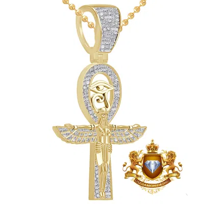 Pre-owned Us Diamond King Real Diamond Egyptian Ankh Cross Horus Eye Of Ra Sky Goddess Charm Pendent Chain In Yellow Gold Finish
