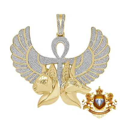 Pre-owned Us Diamond King Real Diamond Egyptian God Flying Twins Anubis Ankh Cross Pharaoh Charm Pendent In Yellow Gold Finish