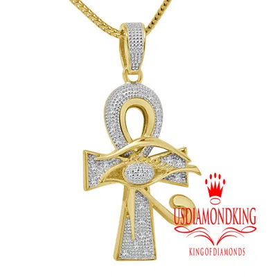 Pre-owned Us Diamond King Real Diamond Evil Eye Pointed Ankh Cross Pendant 2" Charm 10k Yellow Gold Finish In Yellow/clear