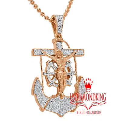 Pre-owned Us Diamond King Real Diamond Jesus Anchor Cross Crucifix Piece Rose Gold Pendant Charm Chain Set In H