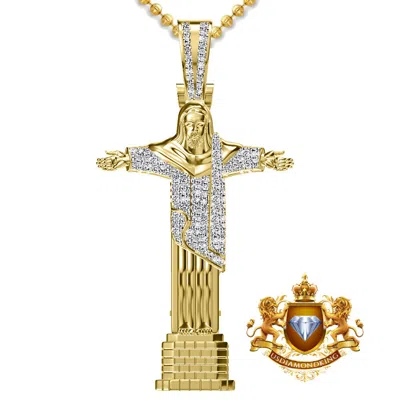 Pre-owned Us Diamond King Real Genuine Diamond 0.60 Cwt. Christ Redeemer Statue Jesus Pendent Charm +chain In Yellow Gold Finish