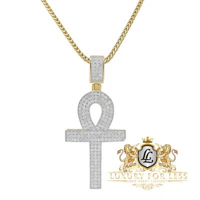 Pre-owned Us Diamond King Real Genuine Diamond 1.00 Cwt Egyptian Ankh Cross Men's Pendent Charm Chain Set In Yellow Gold Finish