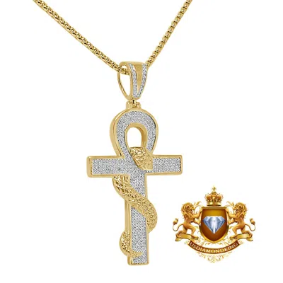 Pre-owned Us Diamond King Real Genuine Diamond Egyptian Ankh Cross Cobra Snake Evil Power Charm Pendent In Yellow Gold Finish