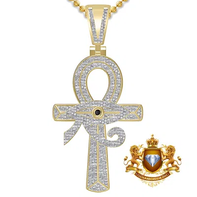 Pre-owned Us Diamond King Real Genuine Diamond Egyptian Ankh Cross Horus Evil Eye Of Ra Pendent Charm 2'' In Yellow Gold Finish