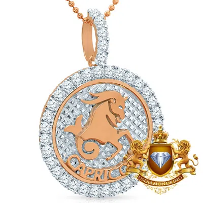 Pre-owned Us Diamond King Real Genuine Rose Gold Sterling Silver Zodiac Sign Diamond Pendent Charm + Chain