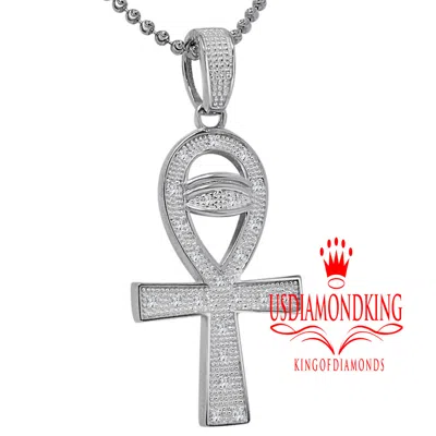 Pre-owned Us Diamond King Real Round Genuine Diamond Horus Evil Eye Ankh Cross Pendant 10k White Gold Over In White/clear
