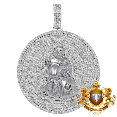 Pre-owned Us Diamond King Real Silver Custom Piece Buddha With Money Bag Pendent Charm Medallion Xl 2.85'' In White
