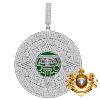 Pre-owned Us Diamond King Xl 3'' 14k White Gold On Silver Mayan Aztec Sun Calendar Pendant Charm Medallion In White/clear