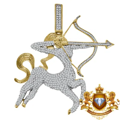 Pre-owned Us Diamond King Yellow Gold Sterling Silver Sagittarius Archer Zodiac Sign Pendent Charm 2.25'' In Yellow/clear