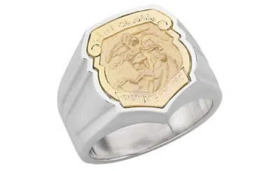 Pre-owned Us Jewels Mens 0.925 Sterling Silver & 14k Yellow Gold Saint St. Michael Badge Police Ring