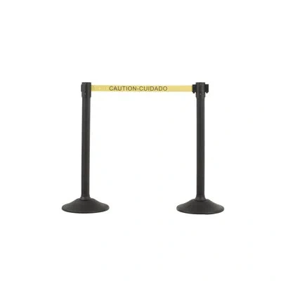 Us Weight Black Plastic Stanchion For Crowd Control With 6.5' Caution Retractable Black Barrier Belt With Tool
