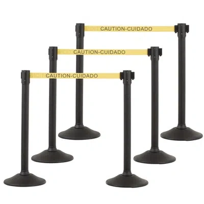 Us Weight Black Plastic Stanchion For Crowd Control With 6.5' Caution Retractable Black Barrier Belt With Tool