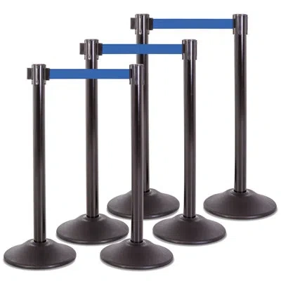 Us Weight Heavy Duty Black Steel Stanchion With Blue 7.5-foot Retractable Belt- 6 Pk