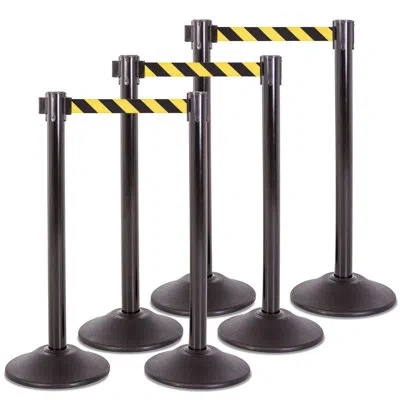 Us Weight Heavy Duty Black Steel Stanchion With Chevron 7.5-foot Retractable Belt- 6 Pk
