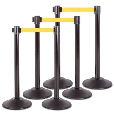 Us Weight Heavy Duty Black Steel Stanchion With Yellow 7.5-foot Retractable Belt- 6 Pk