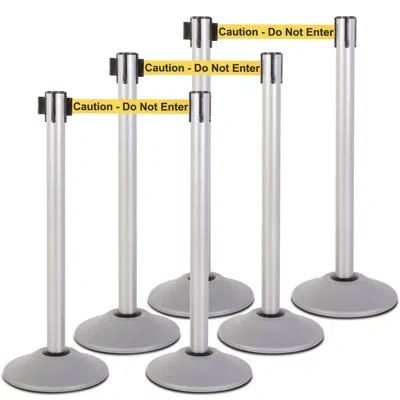 Us Weight Heavy Duty Premium Silver Steel Stanchion With Caution 7.5-foot Retractable Belt- 6 Pk