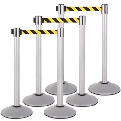 Us Weight Heavy Duty Premium Silver Steel Stanchion With Chevron 7.5-foot Retractable Belt- 6 Pk
