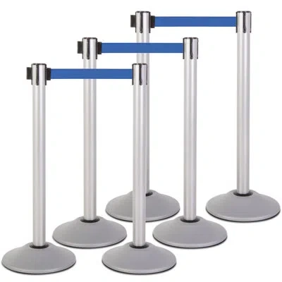 Us Weight Heavy Duty Silver Steel Stanchion With Blue 7.5-foot Retractable Belt- 6 Pk