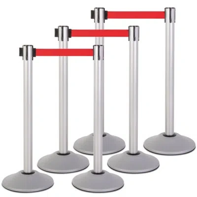 Us Weight Heavy Duty Silver Steel Stanchion With Red 7.5-foot Retractable Belt- 6 Pk