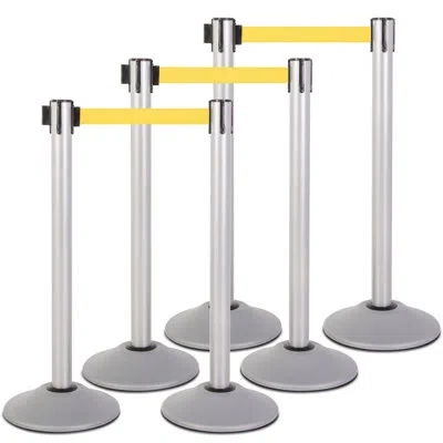 Us Weight Heavy Duty Silver Steel Stanchion With Yellow 7.5-foot Retractable Belt- 6 Pk