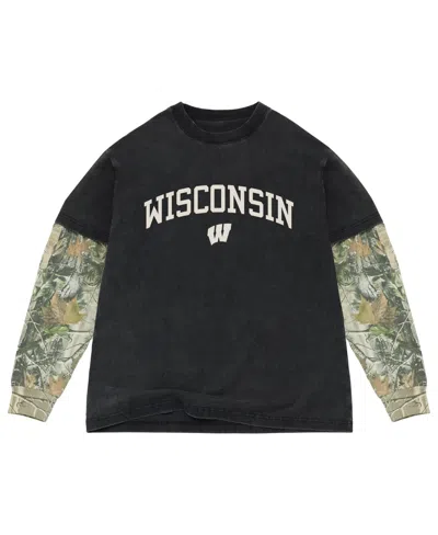 Uscape Apparel Men's Black/camo Wisconsin Badgers Back Bay Twofer Heavyweight Long Sleeve T-shirt
