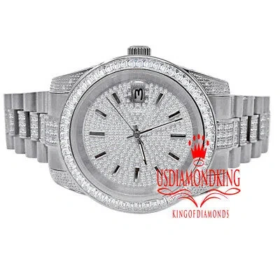 Pre-owned Usdiamondking 18k White Gold Full Steel Baguette Simulated Diamond Presidential Watch 41mm