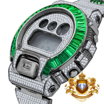 Pre-owned Usdiamondking Baguette 2 Tone Green Emerald Real Black Casio Shock Authentic Dw-6900 Watch