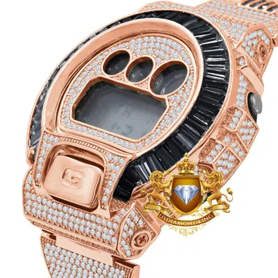 Pre-owned Usdiamondking Baguette Black Onyx Rose Gold Tone Casio Shock Authentic Dw-6900 Custom Watch