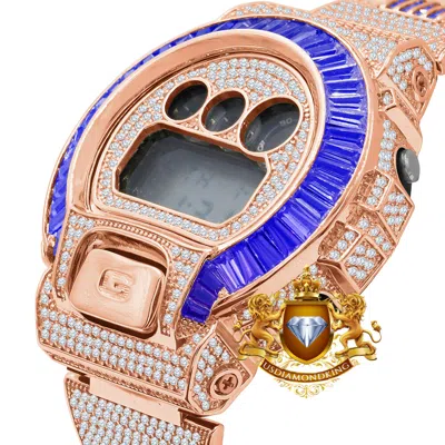 Pre-owned Usdiamondking Baguette Blue Sapphire Rose Gold Casio Shock Authentic Dw-6900 Custom Watch