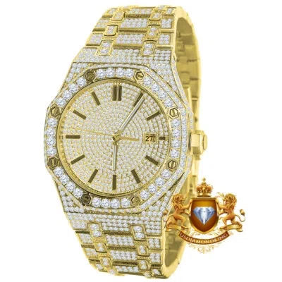 Pre-owned Usdiamondking Baguette Full Steel 18k Yellow Gold Simulated Diamond Ap Style Watch 42mm W/date