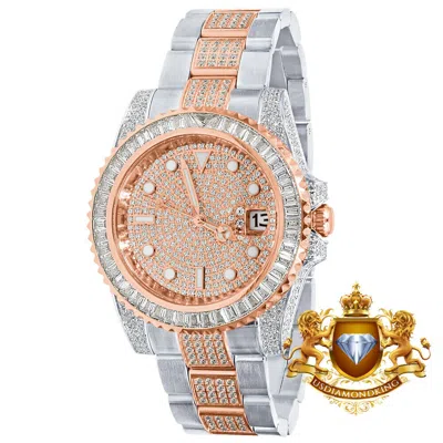 Pre-owned Usdiamondking Baguette Full Steel 2 Tone Rose Gold Simulated Diamond Mens Watch 40mm W/date