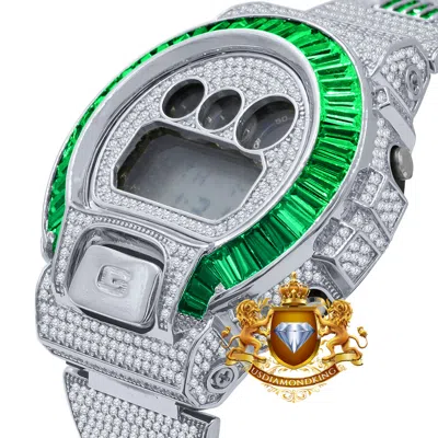 Pre-owned Usdiamondking Baguette Green Emerald White Gold Casio Shock Authentic Dw-6900 Custom Watch