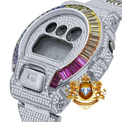 Pre-owned Usdiamondking Baguette Multi Rainbow White Gold Casio Shock Authentic Dw-6900 Custom Watch