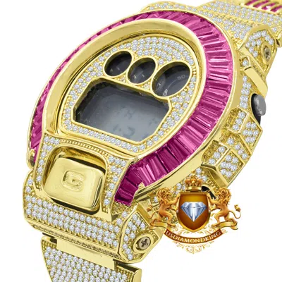 Pre-owned Usdiamondking Baguette Pink Tourmaline Gold Tone Casio Shock Authentic Dw-6900 Custom Watch