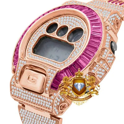 Pre-owned Usdiamondking Baguette Pink Tourmaline Rose Gold Casio Shock Authentic Dw-6900 Custom Watch