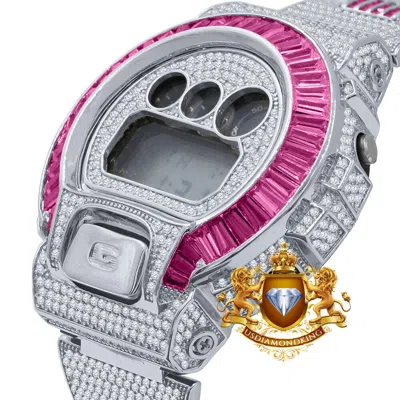 Pre-owned Usdiamondking Baguette Pink Tourmaline White Gold Casio Shock Authentic Dw-6900 Custom Watch