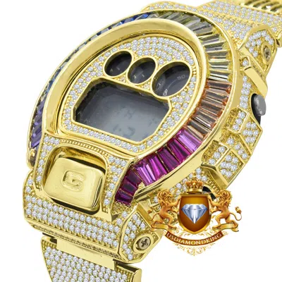 Pre-owned Usdiamondking Baguette Rainbow Multi Gold Finish Casio Shock Authentic Dw-6900 Custom Watch