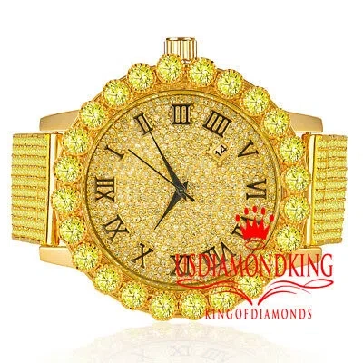 Pre-owned Usdiamondking Canary Mens Gold Tone Solitaire 10 Row Custom Band Roman Dail Lab Diamond Watch