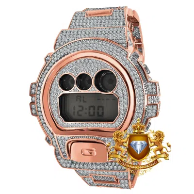 Pre-owned Usdiamondking Full Icy Simulated Diamond Rose Gold Authentic Casio Shock Dw6900 Custom Watch