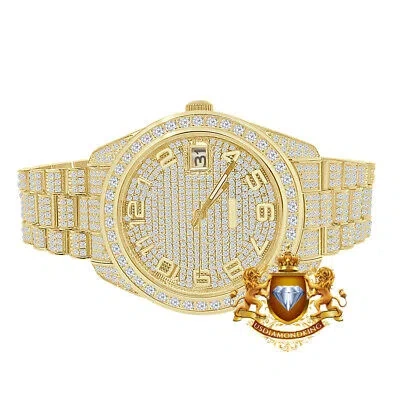 Pre-owned Usdiamondking Full Solid Steel 18k Yellow Gold Tone Simulated Diamond Luxury Watch 42mm W/date
