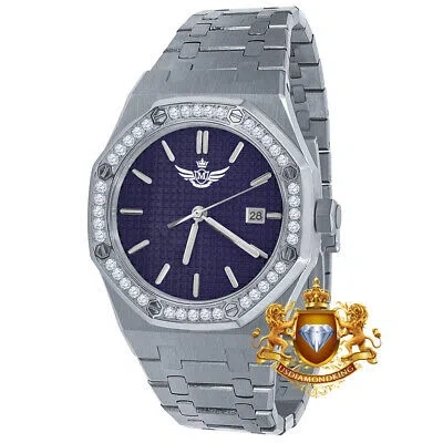 Pre-owned Usdiamondking Full Steel Blue Dial 18k White Gold Simulated Diamond Ap Style Watch 42mm W/date