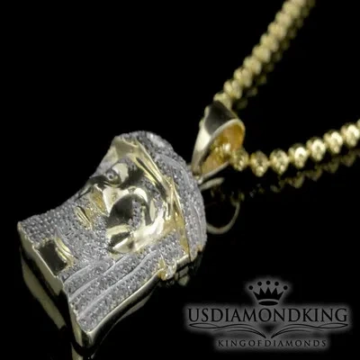 Pre-owned Usdiamondking Genuine Diamond Real 10k Yellow Gold Jesus Mini Charm+sterling Silver Chain Neck In Yellow/clear