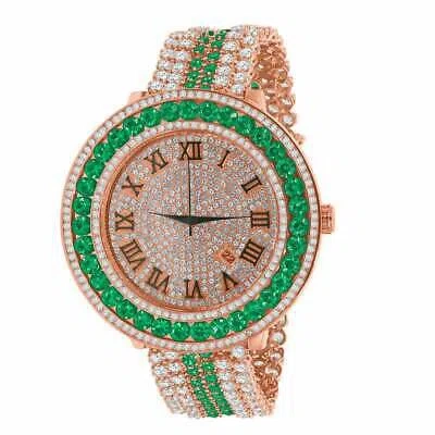 Pre-owned Usdiamondking Green Solitaire Roman Face Simulated Diamond 18k Rose Gold Tone W/date Watch